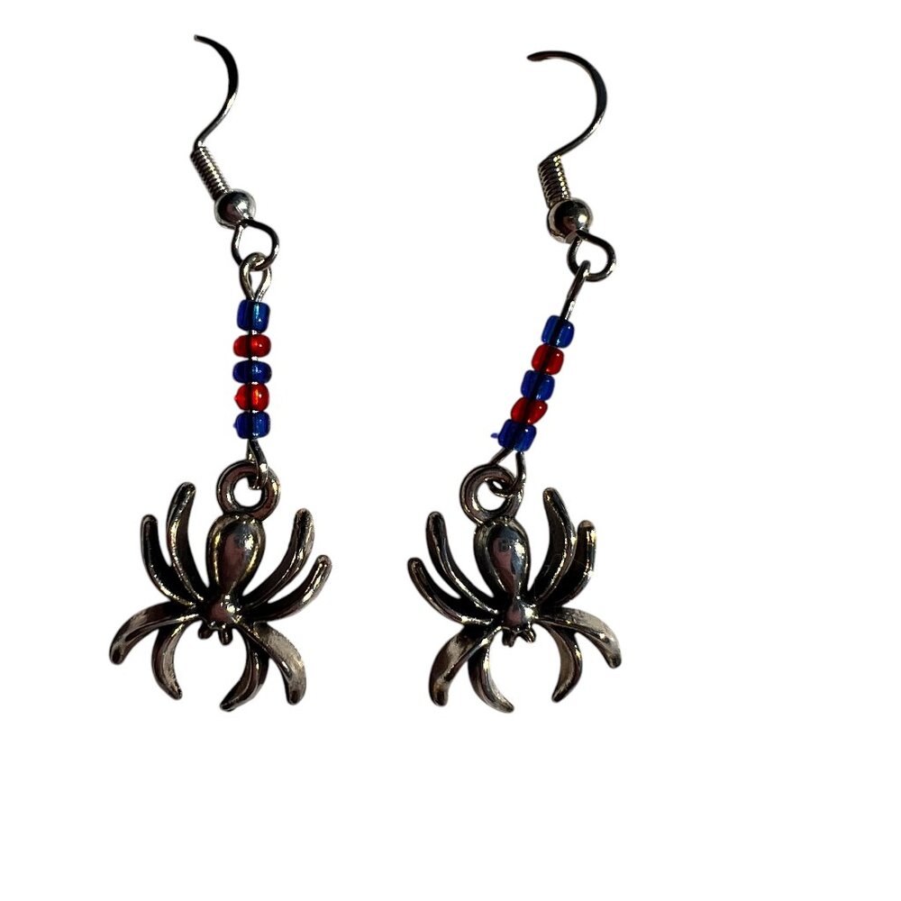 Spider-Man Inspired Dangling Earrings Red & Blue Beads Silver Spiders